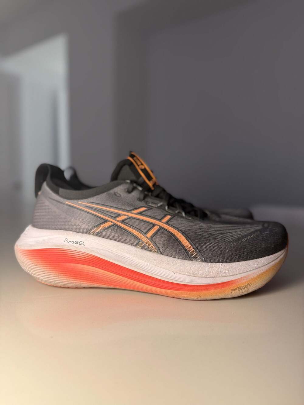 ASICS Gel-Nimbus 27 Running Shoes Carbon Mojave Grey Orange Men's Size 12